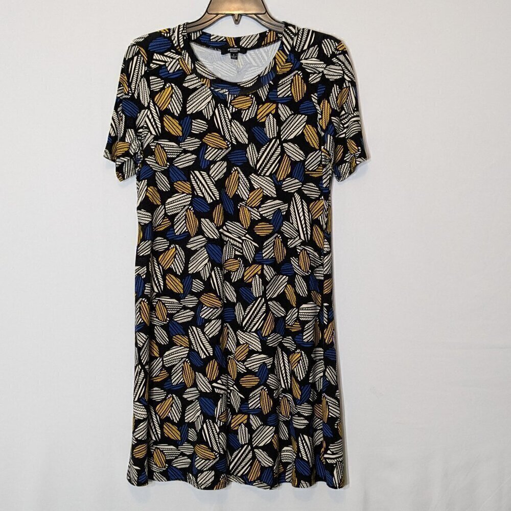 PREMISE Blue/Yellow Print, Short Sleeve, Stretch Knit Short Flare Dress; Size S
